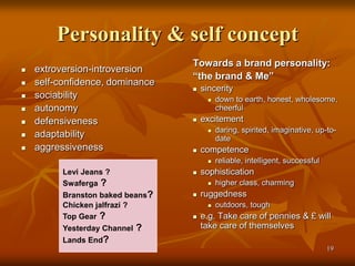 19
Personality & self concept
 extroversion-introversion
 self-confidence, dominance
 sociability
 autonomy
 defensiveness
 adaptability
 aggressiveness
Towards a brand personality:
“the brand & Me”
 sincerity
 down to earth, honest, wholesome,
cheerful
 excitement
 daring, spirited, imaginative, up-to-
date
 competence
 reliable, intelligent, successful
 sophistication
 higher class, charming
 ruggedness
 outdoors, tough
 e.g. Take care of pennies & £ will
take care of themselves
Levi Jeans ?
Swaferga ?
Branston baked beans?
Chicken jalfrazi ?
Top Gear ?
Yesterday Channel ?
Lands End?
 