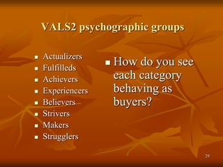 29
VALS2 psychographic groups
 Actualizers
 Fulfilleds
 Achievers
 Experiencers
 Believers
 Strivers
 Makers
 Strugglers
 How do you see
each category
behaving as
buyers?
 