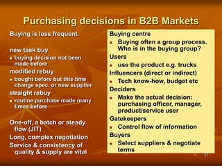 37
Purchasing decisions in B2B Markets
Buying is less frequent.
new task buy
 buying decision not been
made before
modified rebuy
 bought before but this time
change spec. or new supplier
straight rebuy
 routine purchase made many
times before
One-off, a batch or steady
flow (JIT)
Long, complex negotiation
Service & consistency of
quality & supply are vital
Buying centre
 Buying often a group process.
Who is in the buying group?
Users
 use the product e.g. trucks
Influencers (direct or indirect)
 Tech know-how, budget etc
Deciders
 Make the actual decision:
purchasing officer, manager,
product/service user
Gatekeepers
 Control flow of information
Buyers
 Select suppliers & negotiate
terms
 