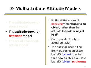 2- Multiattribute Attitude Models
• The attitude-toward-
object model
• The attitude-toward-
behavior model
• Theory-of-reasoned-
action model
• Its the attitude toward
behaving with respect to an
object, rather than the
attitude toward the object
itself .
• Corresponds closely to
actual behavior
• The question here is how
likely are you to purchase
brand X (behavior) rather
than how highly do you rate
brand X (object) Ex: Cigarettes
12
 