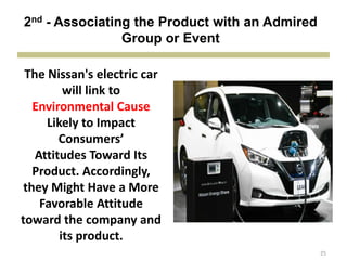 25
The Nissan's electric car
will link to
Environmental Cause
Likely to Impact
Consumers’
Attitudes Toward Its
Product. Accordingly,
they Might Have a More
Favorable Attitude
toward the company and
its product.
2nd - Associating the Product with an Admired
Group or Event
 
