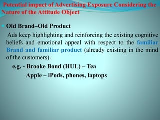  Old Brand–Old Product
Ads keep highlighting and reinforcing the existing cognitive
beliefs and emotional appeal with respect to the familiar
Brand and familiar product (already existing in the mind
of the customers).
e.g. - Brooke Bond (HUL) – Tea
Apple – iPods, phones, laptops
Potential impact of Advertising Exposure Considering the
Nature of the Attitude Object
 