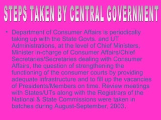 • Department of Consumer Affairs is periodically
  taking up with the State Govts. and UT
  Administrations, at the level of Chief Ministers,
  Minister in-charge of Consumer Affairs/Chief
  Secretaries/Secretaries dealing with Consumer
  Affairs, the question of strengthening the
  functioning of the consumer courts by providing
  adequate infrastructure and to fill up the vacancies
  of Presidents/Members on time. Review meetings
  with States/UTs along with the Registrars of the
  National & State Commissions were taken in
  batches during August-September, 2003.
 