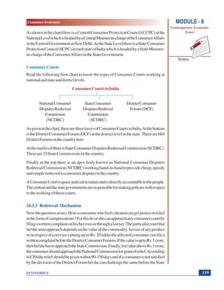 MODULE - 8
Contemporary Economic
Issues
119
ConsumerAwareness
ECONOMICS
Notes
AsshowninthechartthereisaCentralConsumerProtectionCouncil(CCPC)atthe
NationalLevelwhichisheadedbyaCentralMinisterin-chargeoftheConsumerAffairs
intheCentralGovernmentatNewDelhi.AttheStateLevelthereisaStateConsumer
ProtectionCouncil(SCPC)ineachstateofIndiawhichisheadedbyaStateMinister-
in-chargeoftheConsumerAffairsintheStateGovernment.
Consumer Courts
Read the following flow chart to know the types of Consumer Courts working at
nationalandstateanddistrictlevels.
ConsumerCourtsinIndia
NationalConsumer StateConsumer DistrictConsumer
DisputesRedressal DisputesRedresal Forum(DCF)
Commission Commission
(NCDRC) (SCDRC)
Asgiveninthechart,therearethreelayersofConsumerCourtsinIndia.Atthebottom
istheDistrictConsumerForum(DCF)atthedistrictlevelinthestate.Thereare604
DistrictForumsinthecountrynow.
AtthemidlevelthereisStateConsumerDisputesRedressalCommission(SCDRC).
Thereare35StateCommissionsinthecountry.
Finally at the top there is an apex body known as National Consumer Disputes
RedressalCommission(NCDRC)workinghand-in-handtoprovidecheap,speedy
andsimpleredressaltoconsumerdisputesinthecountry.
AConsumerCourtisquasi-judicialinnatureandisdirectlyaccountabletothepeople.
Thecentralandthestategovernmentsareresponsibleformakingpolicieswithrespect
totheworkingofthesecourts.
24.3.3 Redressal Mechanism
Nowthequestionarises-Howaconsumerwhofeelscheatedcangetjusticeorrelief
intheformofcompensations?Forthisheorshecanapproachanyconsumercourtby
filingawrittencomplaintonhis/herownorthroughalawyer.Theparticularcourtthat
he/shemustapproachdependsonthevalueofthecommodity.Incaseofanyproduct
orinrespectofaservicevaluinguptoRs.20lakhstheaffectedconsumercanfilea
writtencomplaintbeforetheDistrictConsumerForums.IfthevalueisuptoRs.1crore,
thenhe/shehastoapproachtheStateCommission.Finally,forvalueaboveRs.1crore,
theconsumershouldapproachtheNationalCommissionforgrantofrelief.According
toCPAthereliefshouldbegivenwithin90-150daysandifaconsumerisnotsatisfied
bythedecisionoftheDistrictForumhe/shecanchallengethesamebeforetheState
 