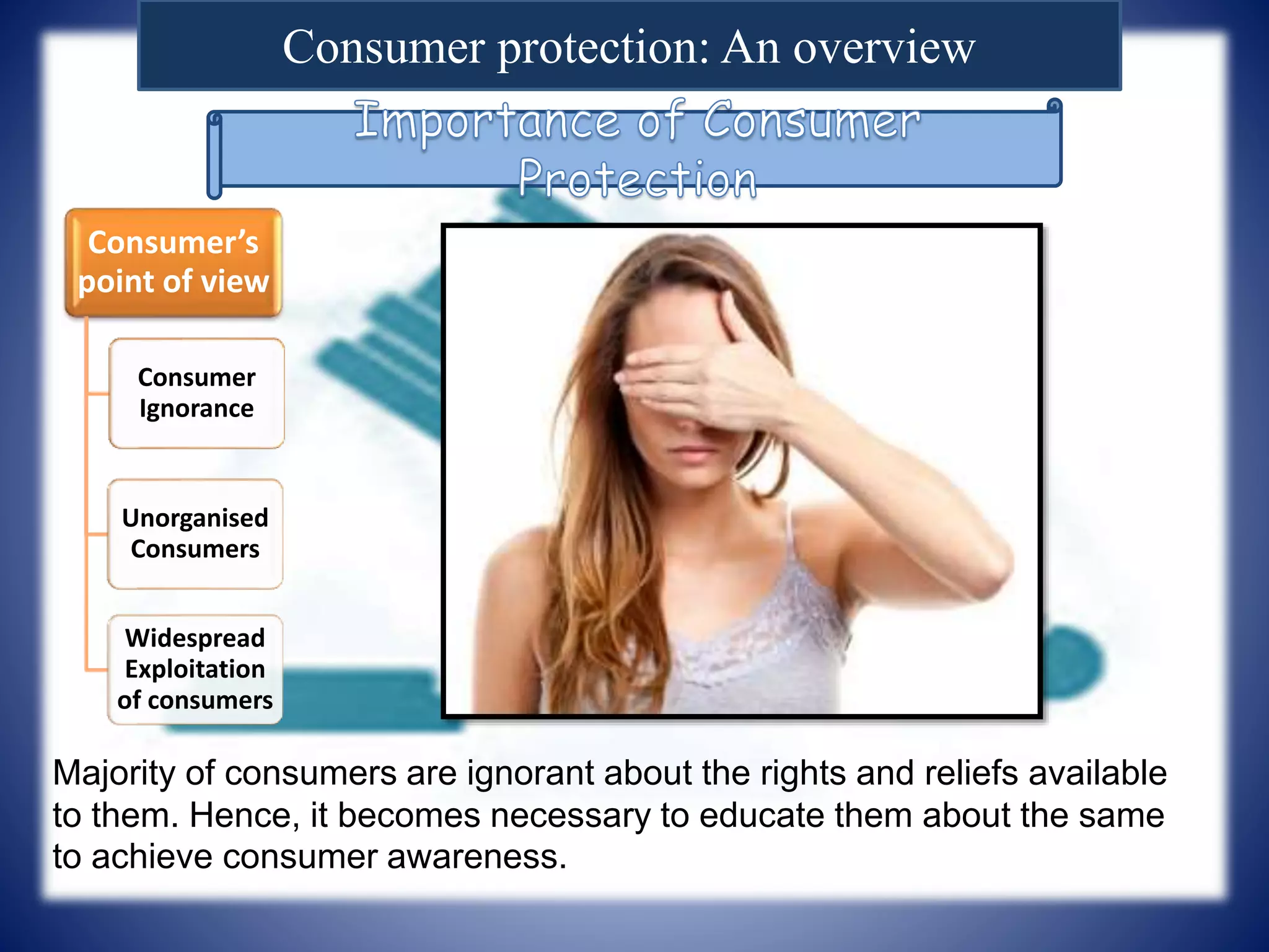 Consumer protection: An overview
Consumer’s
point of view
Consumer
Ignorance
Unorganised
Consumers
Widespread
Exploitation
of consumers
Majority of consumers are ignorant about the rights and reliefs available
to them. Hence, it becomes necessary to educate them about the same
to achieve consumer awareness.
 