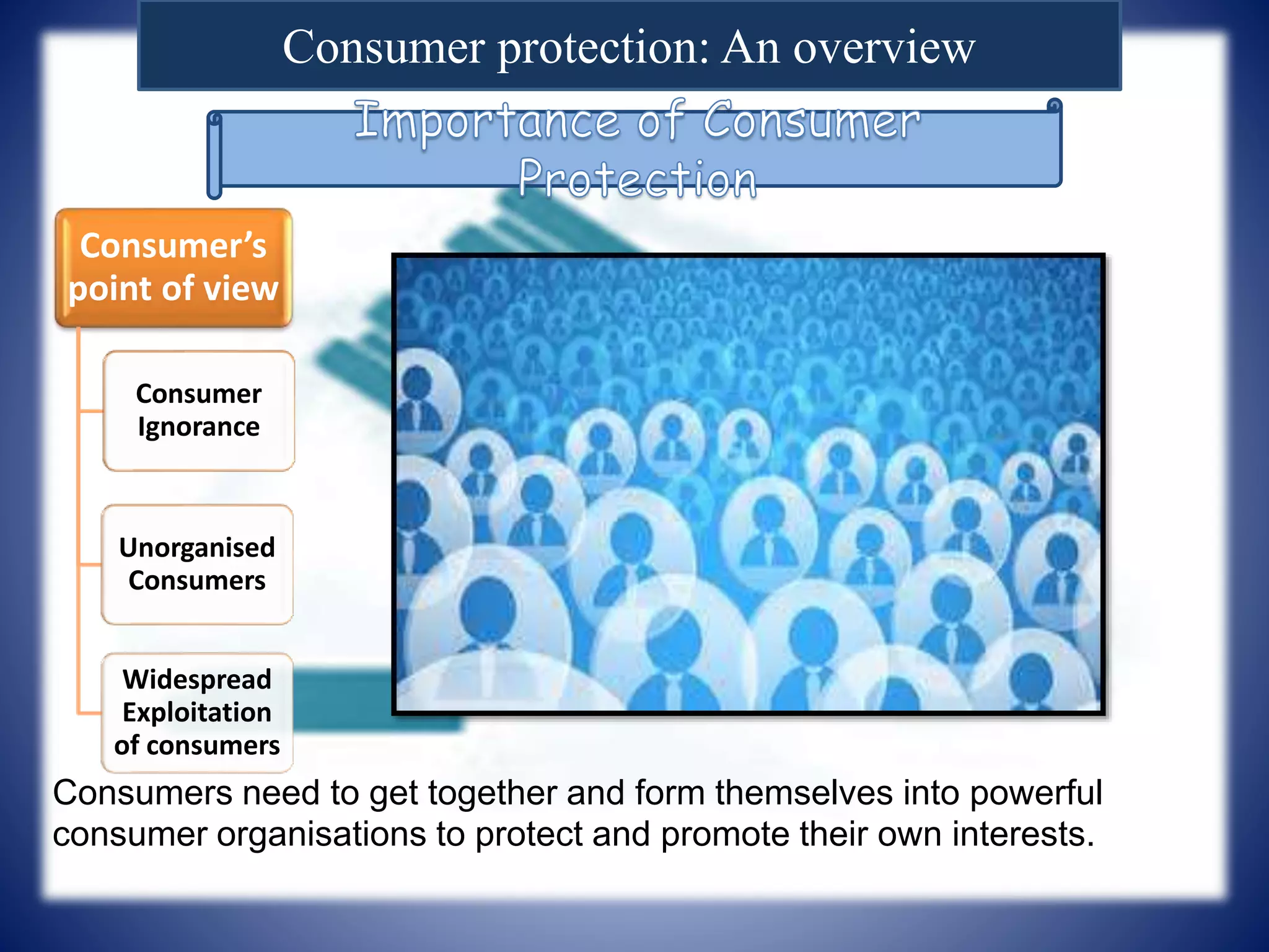 Consumer protection: An overview
Consumer’s
point of view
Consumer
Ignorance
Unorganised
Consumers
Widespread
Exploitation
of consumers
Consumers need to get together and form themselves into powerful
consumer organisations to protect and promote their own interests.
 