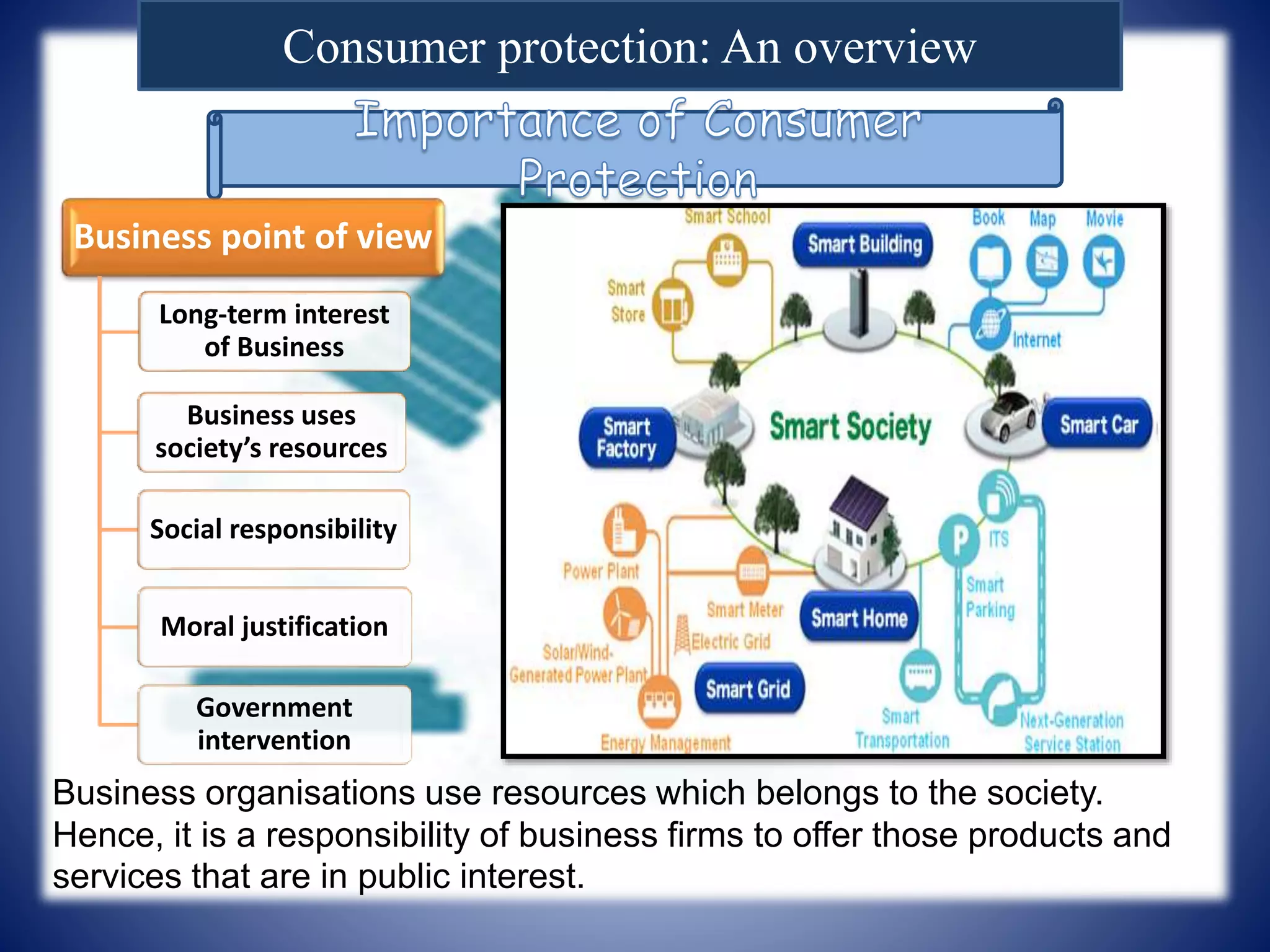 Consumer protection: An overview
Business point of view
Long-term interest
of Business
Business uses
society’s resources
Social responsibility
Moral justification
Government
intervention
Business organisations use resources which belongs to the society.
Hence, it is a responsibility of business firms to offer those products and
services that are in public interest.
 