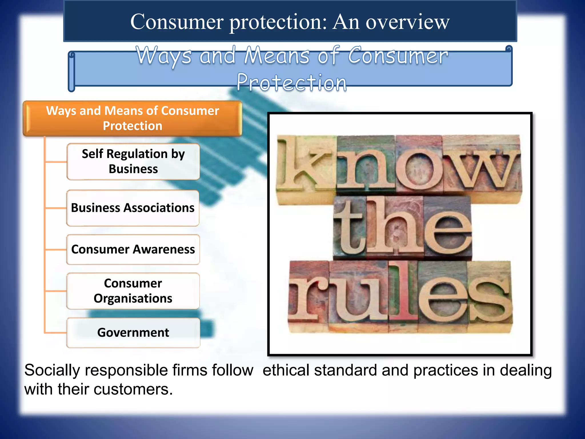 Consumer protection: An overview
Ways and Means of Consumer
Protection
Self Regulation by
Business
Business Associations
Consumer Awareness
Consumer
Organisations
Government
Socially responsible firms follow ethical standard and practices in dealing
with their customers.
 