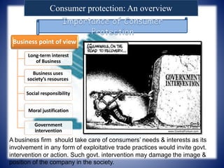 Consumer protection: An overview
Business point of view
Long-term interest
of Business
Business uses
society’s resources
Social responsibility
Moral justification
Government
intervention
A business firm should take care of consumers’ needs & interests as its
involvement in any form of exploitative trade practices would invite govt.
intervention or action. Such govt. intervention may damage the image &
position of the company in the society.
 