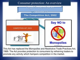 Consumer protection: An overview
This Act has replaced the Monopolies and Restrictive Trade Practices Act,
1969. The Act provides protection to consumers by refraining traders to
promote any activity which hampers competition in the market.
 