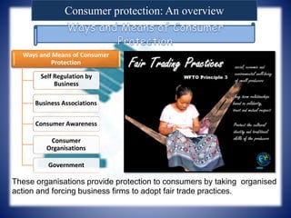 Consumer protection: An overview
Ways and Means of Consumer
Protection
Self Regulation by
Business
Business Associations
Consumer Awareness
Consumer
Organisations
Government
These organisations provide protection to consumers by taking organised
action and forcing business firms to adopt fair trade practices.
 
