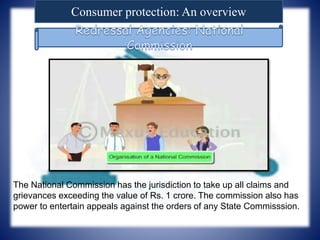 Consumer protection: An overview
The National Commission has the jurisdiction to take up all claims and
grievances exceeding the value of Rs. 1 crore. The commission also has
power to entertain appeals against the orders of any State Commisssion.
 