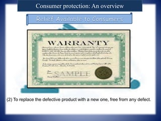 Consumer protection: An overview
(2) To replace the defective product with a new one, free from any defect.
 