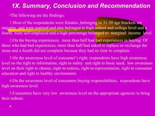 1X. Summary, Conclusion and Recommendation
•The following are the findings:
1.Most of the respondents were females ,belonging to 31-50 age brackets are 
majority  and were married and also belonged to high school and college level and a 
fourth  were self-employed and a high percentage belonged to  marginal  income  level.
2.On the buying experiences,  more than half had bad experiences in buying. Of 
those who had bad experiences, more than half had asked to replace or exchange the 
items and a fourth did not complain because they had no time to complain.
3.On the awareness level of consumer’s right, respondents have high awareness 
level on the right to information, right to safety  and right to basic need,  low awareness 
level on their right to choose, right to redress, right to representation, right to consumer 
education and right to healthy environment.
4.On the awareness level of consumers buying responsibilities,  respondents have 
high awareness level.
5.Consumers have very low  awareness level on the appropriate agencies to bring 
their redress. 
•
 