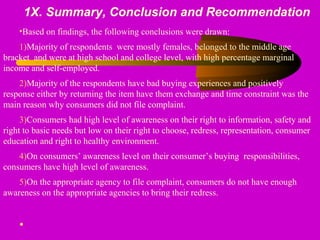 1X. Summary, Conclusion and Recommendation
•Based on findings, the following conclusions were drawn:
1)Majority of respondents  were mostly females, belonged to the middle age 
bracket  and were at high school and college level, with high percentage marginal 
income and self-employed. 
2)Majority of the respondents have bad buying experiences and positively 
response either by returning the item have them exchange and time constraint was the 
main reason why consumers did not file complaint.
3)Consumers had high level of awareness on their right to information, safety and 
right to basic needs but low on their right to choose, redress, representation, consumer 
education and right to healthy environment.
4)On consumers’ awareness level on their consumer’s buying  responsibilities, 
consumers have high level of awareness.
5)On the appropriate agency to file complaint, consumers do not have enough 
awareness on the appropriate agencies to bring their redress.
•
 