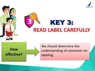 We should determine the
understanding of consumer on
labeling
How
effective?
KEY 3:
READ LABEL CAREFULLY
 