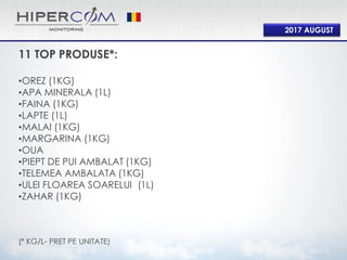 2017 AUGUST
11 TOP PRODUSE*:
•OREZ (1KG)
•APA MINERALA (1L)
•FAINA (1KG)
•LAPTE (1L)
•MALAI (1KG)
•MARGARINA (1KG)
•OUA
•PIEPT DE PUI AMBALAT (1KG)
•TELEMEA AMBALATA (1KG)
•ULEI FLOAREA SOARELUI (1L)
•ZAHAR (1KG)
(* KG/L- PRET PE UNITATE)
 
