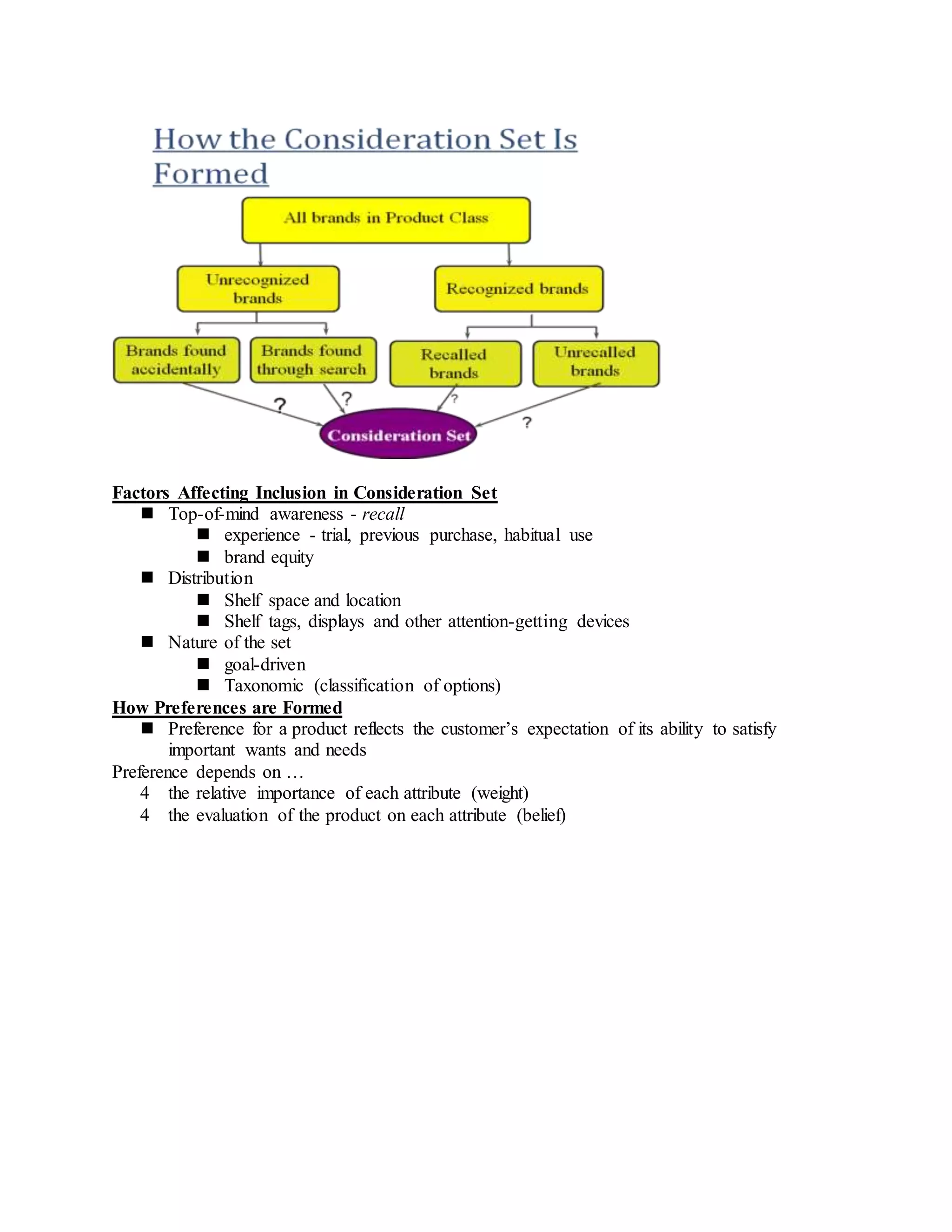 Factors Affecting Inclusion in Consideration Set
 Top-of-mind awareness - recall
 experience - trial, previous purchase, habitual use
 brand equity
 Distribution
 Shelf space and location
 Shelf tags, displays and other attention-getting devices
 Nature of the set
 goal-driven
 Taxonomic (classification of options)
How Preferences are Formed
 Preference for a product reflects the customer’s expectation of its ability to satisfy
important wants and needs
Preference depends on …
4 the relative importance of each attribute (weight)
4 the evaluation of the product on each attribute (belief)
 