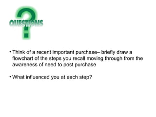 Think of a recent important purchase– briefly draw a flowchart of the steps you recall moving through from the awareness of need to post purchase What influenced you at each step? 