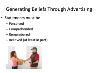 Generating Beliefs Through Advertising
• Statements must be
  – Perceived
  – Comprehended
  – Remembered
  – Believed (at least in part)
 