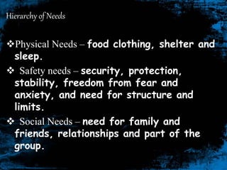 Hierarchy of Needs
Physical Needs – food clothing, shelter and
sleep.
 Safety needs – security, protection,
stability, freedom from fear and
anxiety, and need for structure and
limits.
 Social Needs – need for family and
friends, relationships and part of the
group.
 