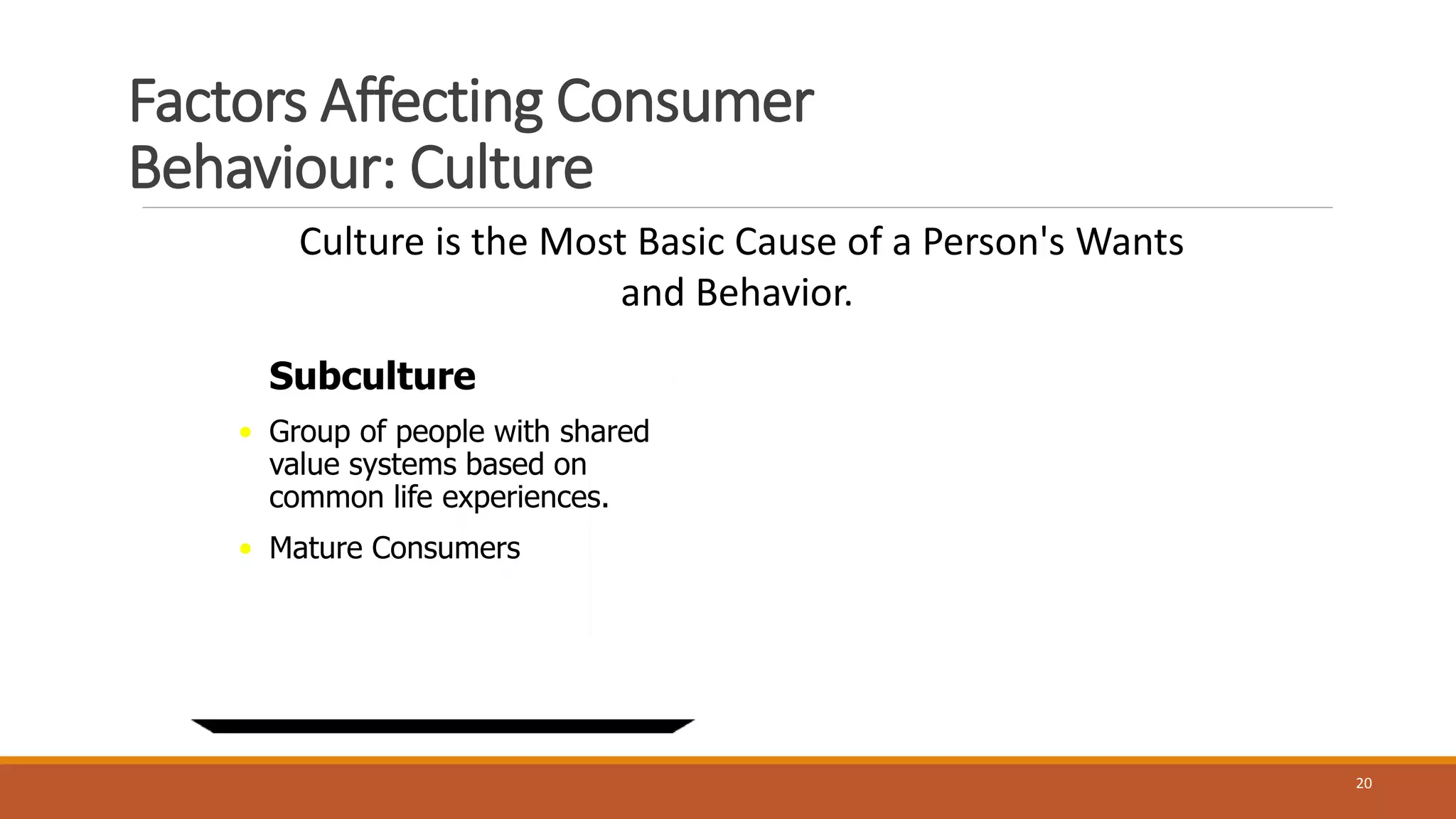 20
Factors Affecting Consumer
Behaviour: Culture
Subculture
• Group of people with shared
value systems based on
common life experiences.
• Mature Consumers
Culture is the Most Basic Cause of a Person's Wants
and Behavior.
 
