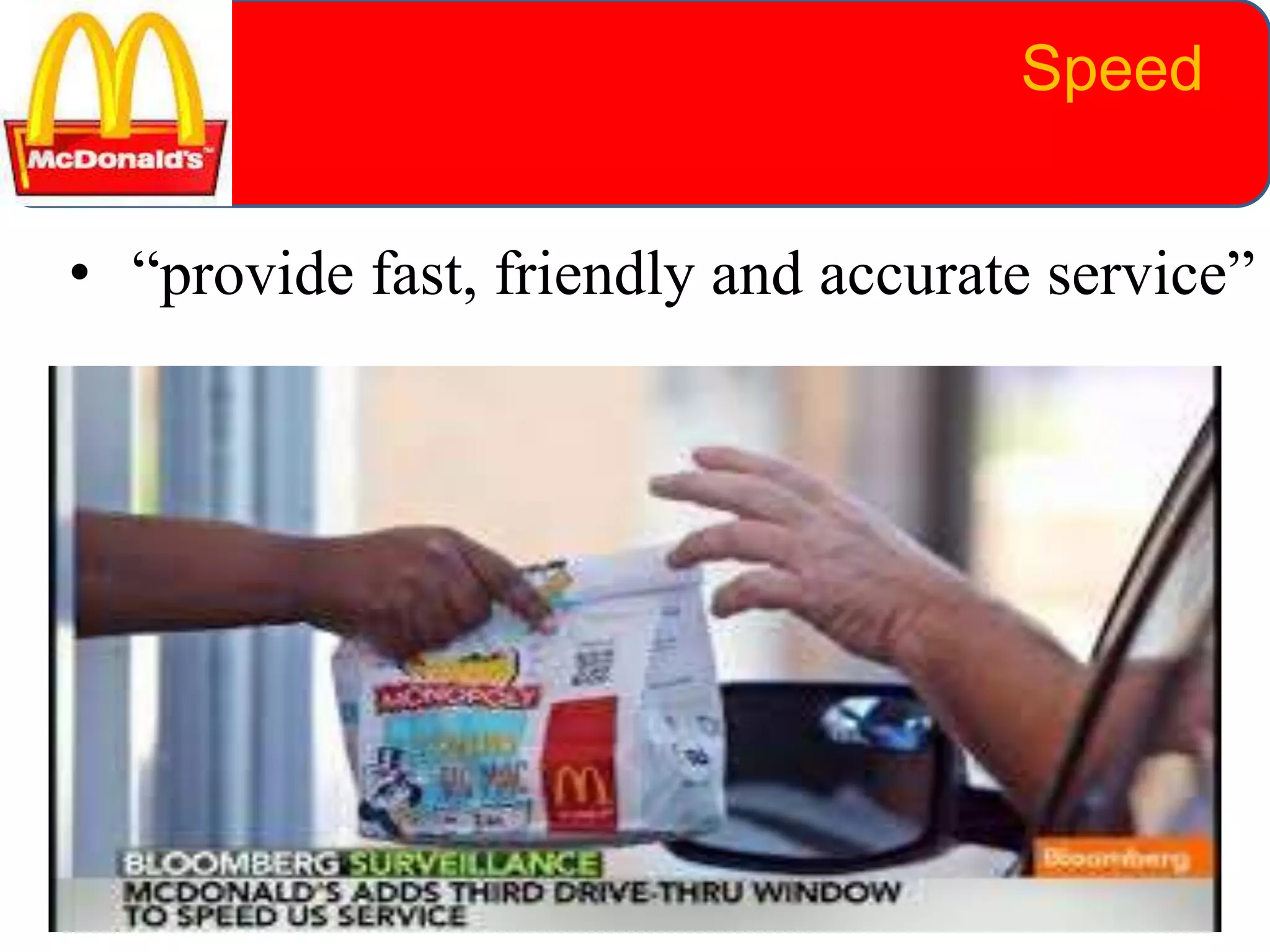 • “provide fast, friendly and accurate service”
Speed
 