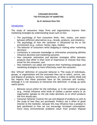 CONSUMER BEHAVIOR: THE PSYCHOLOGY OF MARKETING By Dr.Mahboob Khan Phd | PDF
