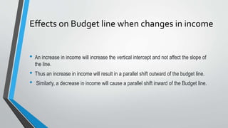 Effects on Budget line when changes in income
• An increase in income will increase the vertical intercept and not affect the slope of
the line.
• Thus an increase in income will result in a parallel shift outward of the budget line.
• Similarly, a decrease in income will cause a parallel shift inward of the Budget line.
 