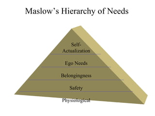Maslow’s Hierarchy of Needs
Self-
Actualization
Ego Needs
Belongingness
Safety
Physiological
 
