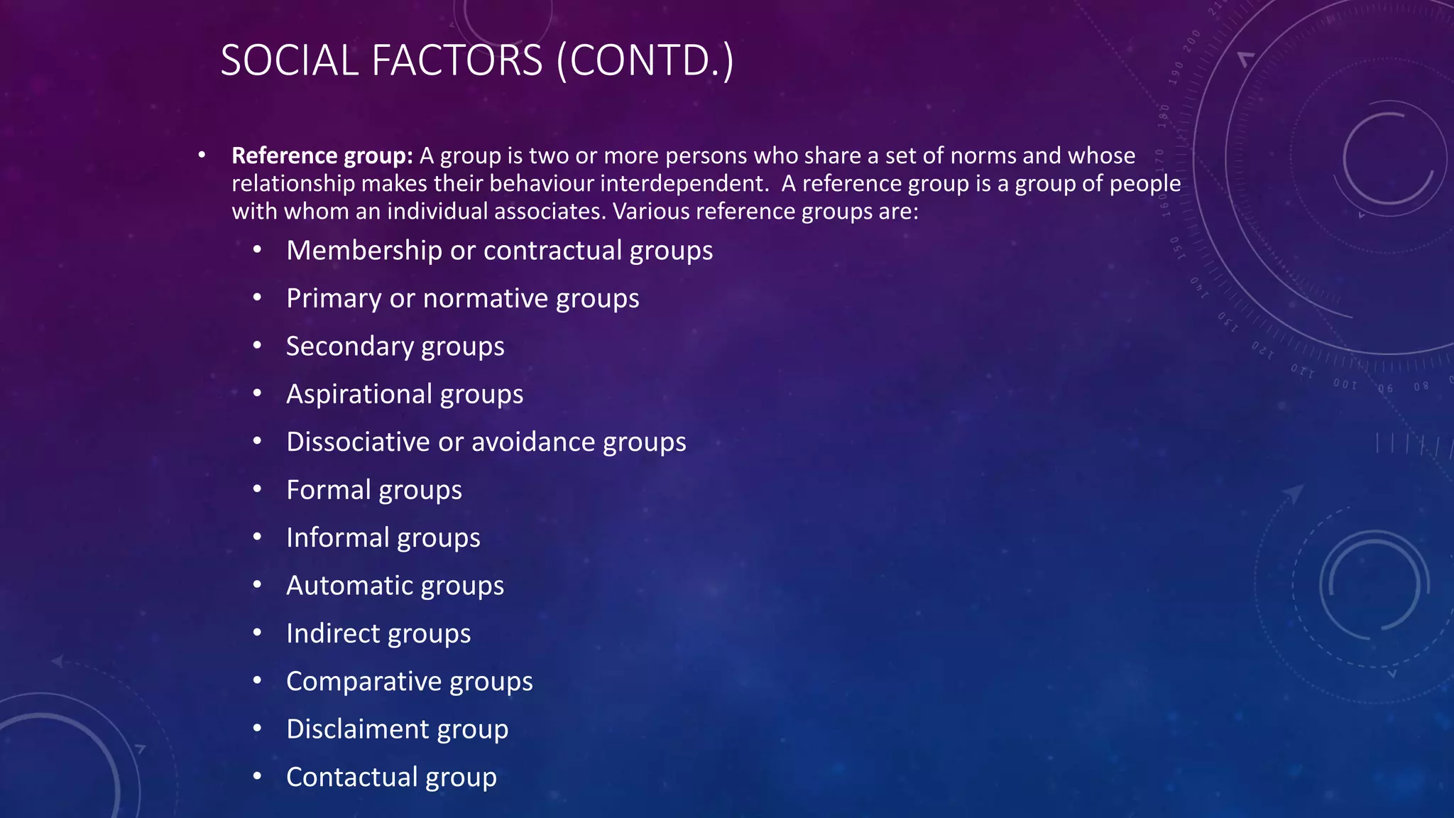 SOCIAL FACTORS (CONTD.)
• Reference group: A group is two or more persons who share a set of norms and whose
relationship makes their behaviour interdependent. A reference group is a group of people
with whom an individual associates. Various reference groups are:
• Membership or contractual groups
• Primary or normative groups
• Secondary groups
• Aspirational groups
• Dissociative or avoidance groups
• Formal groups
• Informal groups
• Automatic groups
• Indirect groups
• Comparative groups
• Disclaiment group
• Contactual group
 