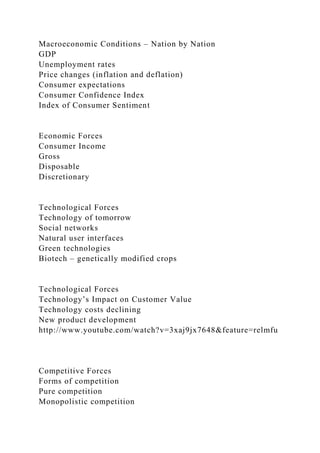 Macroeconomic Conditions – Nation by Nation
GDP
Unemployment rates
Price changes (inflation and deflation)
Consumer expectations
Consumer Confidence Index
Index of Consumer Sentiment
Economic Forces
Consumer Income
Gross
Disposable
Discretionary
Technological Forces
Technology of tomorrow
Social networks
Natural user interfaces
Green technologies
Biotech – genetically modified crops
Technological Forces
Technology’s Impact on Customer Value
Technology costs declining
New product development
http://www.youtube.com/watch?v=3xaj9jx7648&feature=relmfu
Competitive Forces
Forms of competition
Pure competition
Monopolistic competition
 