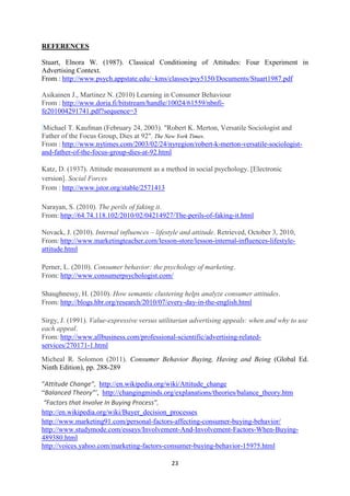 REFERENCES

Stuart, Elnora W. (1987). Classical Conditioning of Attitudes: Four Experiment in
Advertising Context.
From : http://www.psych.appstate.edu/~kms/classes/psy5150/Documents/Stuart1987.pdf

Asikainen J., Martinez N. (2010) Learning in Consumer Behaviour
From : http://www.doria.fi/bitstream/handle/10024/61559/nbnfi-
fe201004291741.pdf?sequence=3

Michael T. Kaufman (February 24, 2003). "Robert K. Merton, Versatile Sociologist and
Father of the Focus Group, Dies at 92". The New York Times.
From : http://www.nytimes.com/2003/02/24/nyregion/robert-k-merton-versatile-sociologist-
and-father-of-the-focus-group-dies-at-92.html

Katz, D. (1937). Attitude measurement as a method in social psychology. [Electronic
version]. Social Forces
From : http://www.jstor.org/stable/2571413

Narayan, S. (2010). The perils of faking it.
From: http://64.74.118.102/2010/02/04214927/The-perils-of-faking-it.html

Novack, J. (2010). Internal influences – lifestyle and attitude. Retrieved, October 3, 2010,
From: http://www.marketingteacher.com/lesson-store/lesson-internal-influences-lifestyle-
attitude.html

Perner, L. (2010). Consumer behavior: the psychology of marketing.
From: http://www.consumerpsychologist.com/

Shaughnessy, H. (2010). How semantic clustering helps analyze consumer attitudes.
From: http://blogs.hbr.org/research/2010/07/every-day-in-the-english.html

Sirgy, J. (1991). Value-expressive versus utilitarian advertising appeals: when and why to use
each appeal.
From: http://www.allbusiness.com/professional-scientific/advertising-related-
services/270171-1.html
Micheal R. Solomon (2011). Consumer Behavior Buying, Having and Being (Global Ed.
Ninth Edition), pp. 288-289

“Attitude Change”, http://en.wikipedia.org/wiki/Attitude_change
“Balanced Theory”’, http://changingminds.org/explanations/theories/balance_theory.htm
 “Factors that Involve In Buying Process”,
http://en.wikipedia.org/wiki/Buyer_decision_processes
http://www.marketing91.com/personal-factors-affecting-consumer-buying-behavior/
http://www.studymode.com/essays/Involvement-And-Involvement-Factors-When-Buying-
489380.html
http://voices.yahoo.com/marketing-factors-consumer-buying-behavior-15975.html

                                               23
 