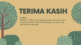 TERIMA KASIH
SUMBER :
Gentsch, P. (2019). AI in marketing, sales and service: How
marketers without a data science degree can use AI, big
data and bots. Springer.
 