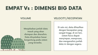 EMPAT Vs : DIMENSI BIG DATA
Menjelaskan jumlah data
masuk yang akan
disimpan dan dianalisis.
Data dinyatakan besar
bergantung pada sistem
yang tersedia.
VOLUME VELOCITY/KECEPATAN
Di satu sisi, data dihasilkan
dengan kecepatan yang
sangat tinggi, di sisi lain,
sistem harus dapat
menyimpan, memproses,
dan menganalisis jumlah
data ini dengan segera.
 