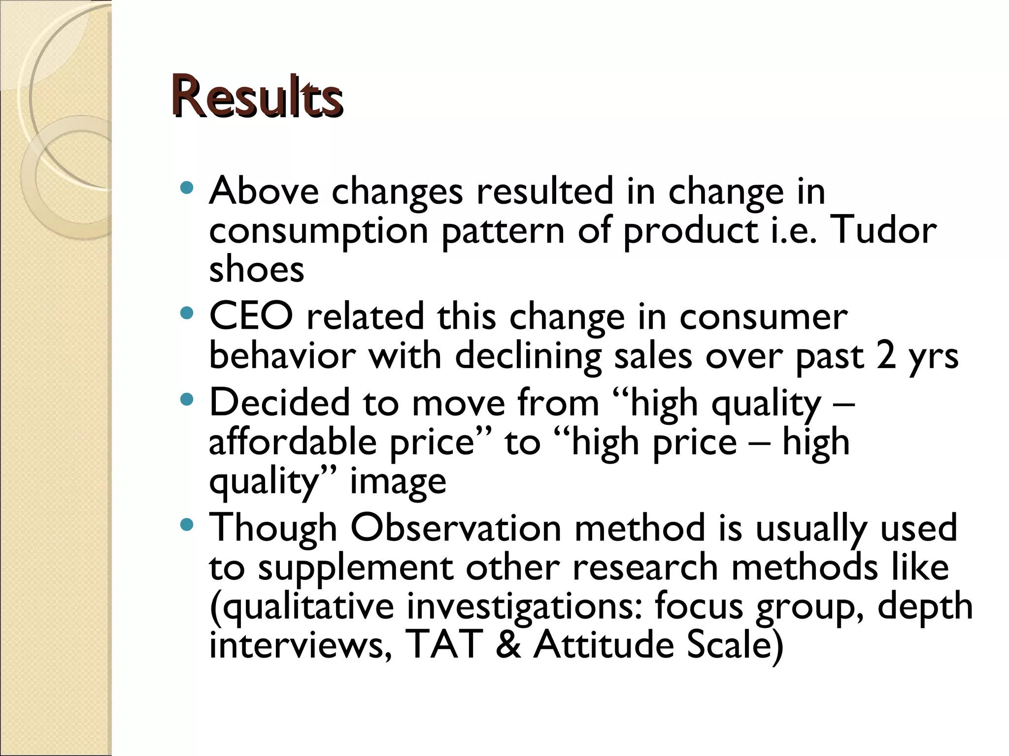Results Above changes resulted in change in consumption pattern of product i.e. Tudor shoes CEO related this change in consumer behavior with declining sales over past 2 yrs Decided to move from “high quality – affordable price” to “high price – high quality” image Though Observation method is usually used to supplement other research methods like (qualitative investigations: focus group, depth interviews, TAT & Attitude Scale) 