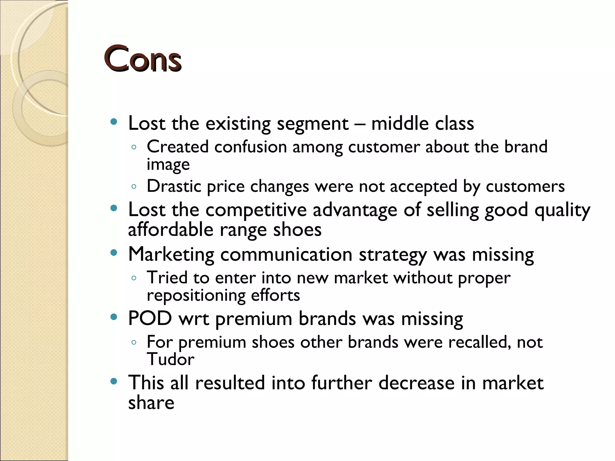 Cons Lost the existing segment – middle class Created confusion among customer about the brand image Drastic price changes were not accepted by customers Lost the competitive advantage of selling good quality affordable range shoes  Marketing communication strategy was missing Tried to enter into new market without proper repositioning efforts POD wrt premium brands was missing  For premium shoes other brands were recalled, not Tudor This all resulted into further decrease in market share 