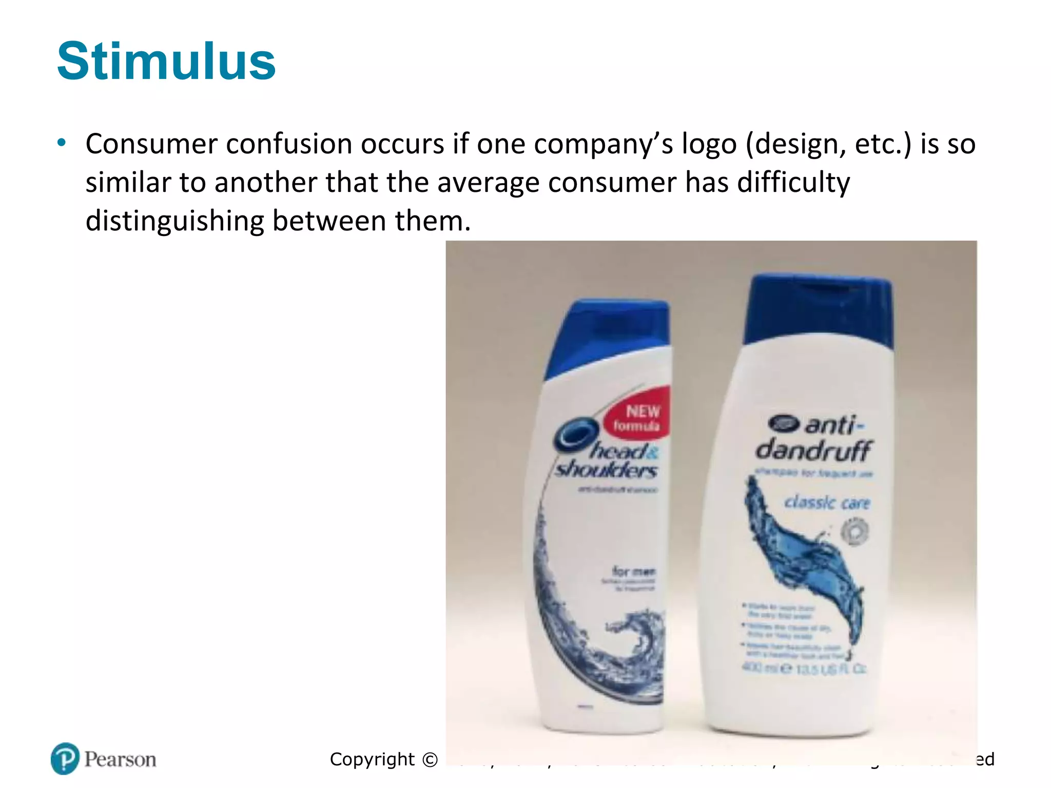 Copyright © 2020, 2017, 2015 Pearson Education, Inc. All Rights Reserved
Stimulus
• Consumer confusion occurs if one company’s logo (design, etc.) is so
similar to another that the average consumer has difficulty
distinguishing between them.
 