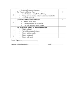 • Designing Persuasive Message.
         The Family and Social Class                                            11
             • Socialization and related roles of family.
  13
             • Family decision making and consumption related roles.
             • The family life cycle.
         Social class and consumer behavior                                     11
                 • What is social class?
  14
                 • The measurement of social class.
                 • Life style profile of social classes.
         The Influence of culture on consumer behavior
             • What is culture?
  15
             • The invisible hand of culture.
             • Culture satisfies needs.
             • Culture is learned.
  16
             • Culture is dynamic
Teachers Signature: ___________________________


Approved by HoD/ Coordinator: _________________         Dated: ___________________
 