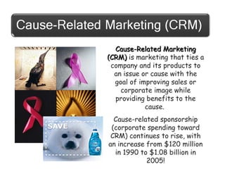 Cause-Related Marketing
(CRM) is marketing that ties a
company and its products to
an issue or cause with the
goal of improving sales or
corporate image while
providing benefits to the
cause.
Cause-related sponsorship
(corporate spending toward
CRM) continues to rise, with
an increase from $120 million
in 1990 to $1.08 billion in
2005!

 