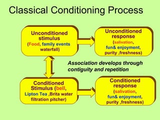 Classical Conditioning Process Association develops through contiguity and repetition Unconditioned stimulus ( Food ,  family events   waterfall) Conditioned Stimulus ( bell , Lipton Tea  ,Brita water filtration pitcher) Unconditioned response ( salivation , fun& enjoyment , purity ,freshness) Conditioned response ( salivation , fun& enjoyment , purity ,freshness) 