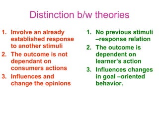 Distinction b/w theories Involve an already established response to another stimuli The outcome is not dependant on consumers actions Influences and change the opinions  No previous stimuli –response relation  The outcome is dependent on learner’s action Influences changes in goal –oriented behavior. 