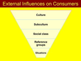 External Influences on Consumers Subculture Culture Social class Reference groups Situations 
