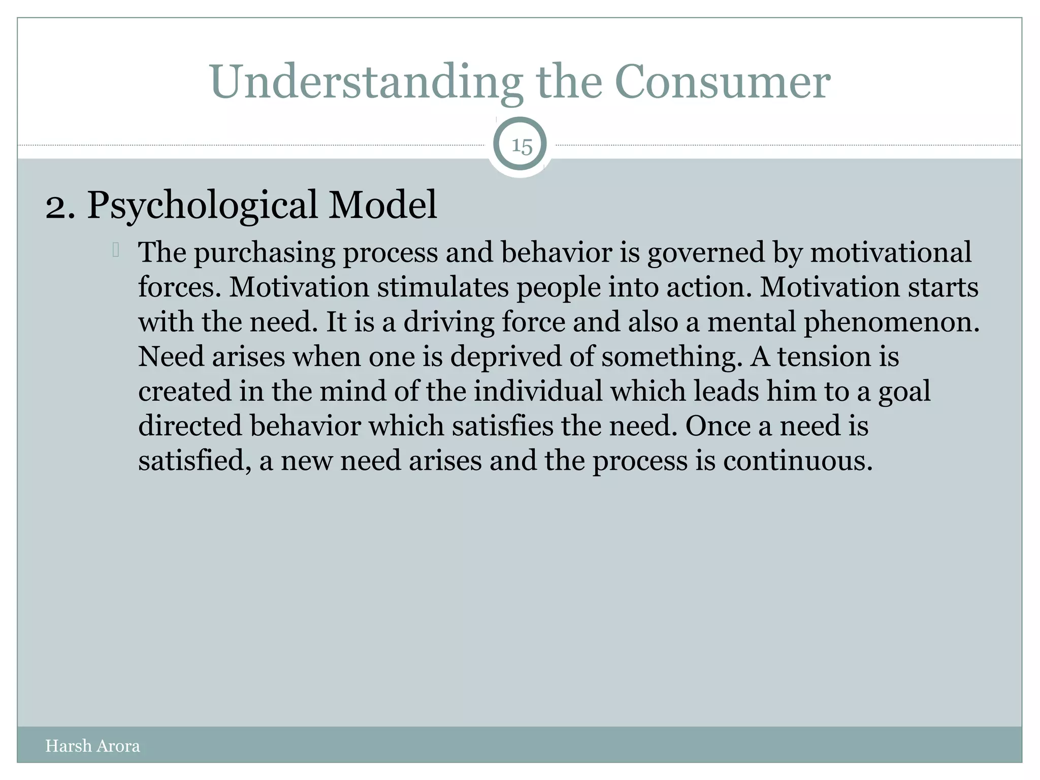 Understanding the Consumer
2. Psychological Model
 The purchasing process and behavior is governed by motivational
forces. Motivation stimulates people into action. Motivation starts
with the need. It is a driving force and also a mental phenomenon.
Need arises when one is deprived of something. A tension is
created in the mind of the individual which leads him to a goal
directed behavior which satisfies the need. Once a need is
satisfied, a new need arises and the process is continuous.
15
Harsh Arora
 