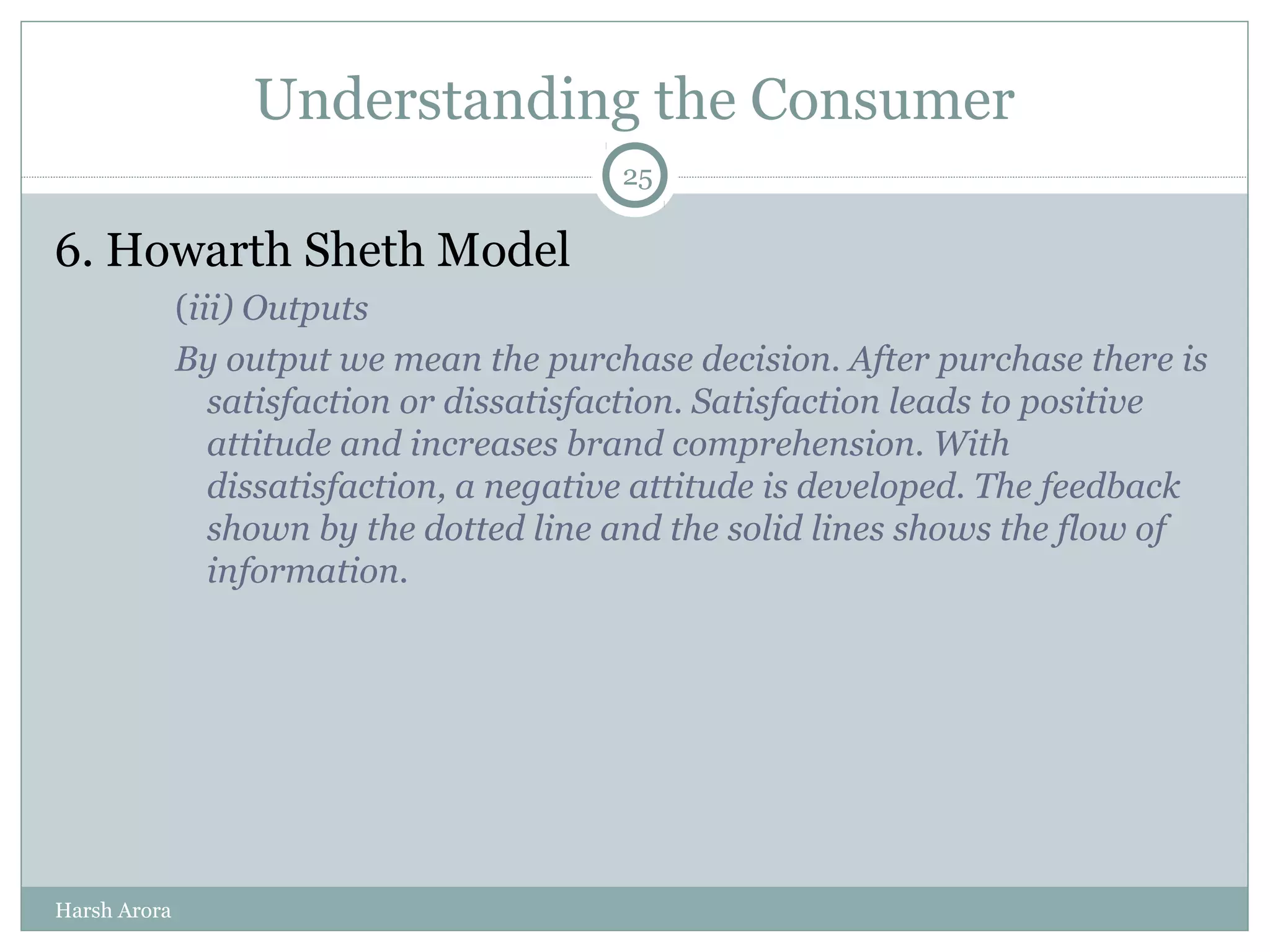 Understanding the Consumer
6. Howarth Sheth Model
(iii) Outputs
By output we mean the purchase decision. After purchase there is
satisfaction or dissatisfaction. Satisfaction leads to positive
attitude and increases brand comprehension. With
dissatisfaction, a negative attitude is developed. The feedback
shown by the dotted line and the solid lines shows the flow of
information.
25
Harsh Arora
 