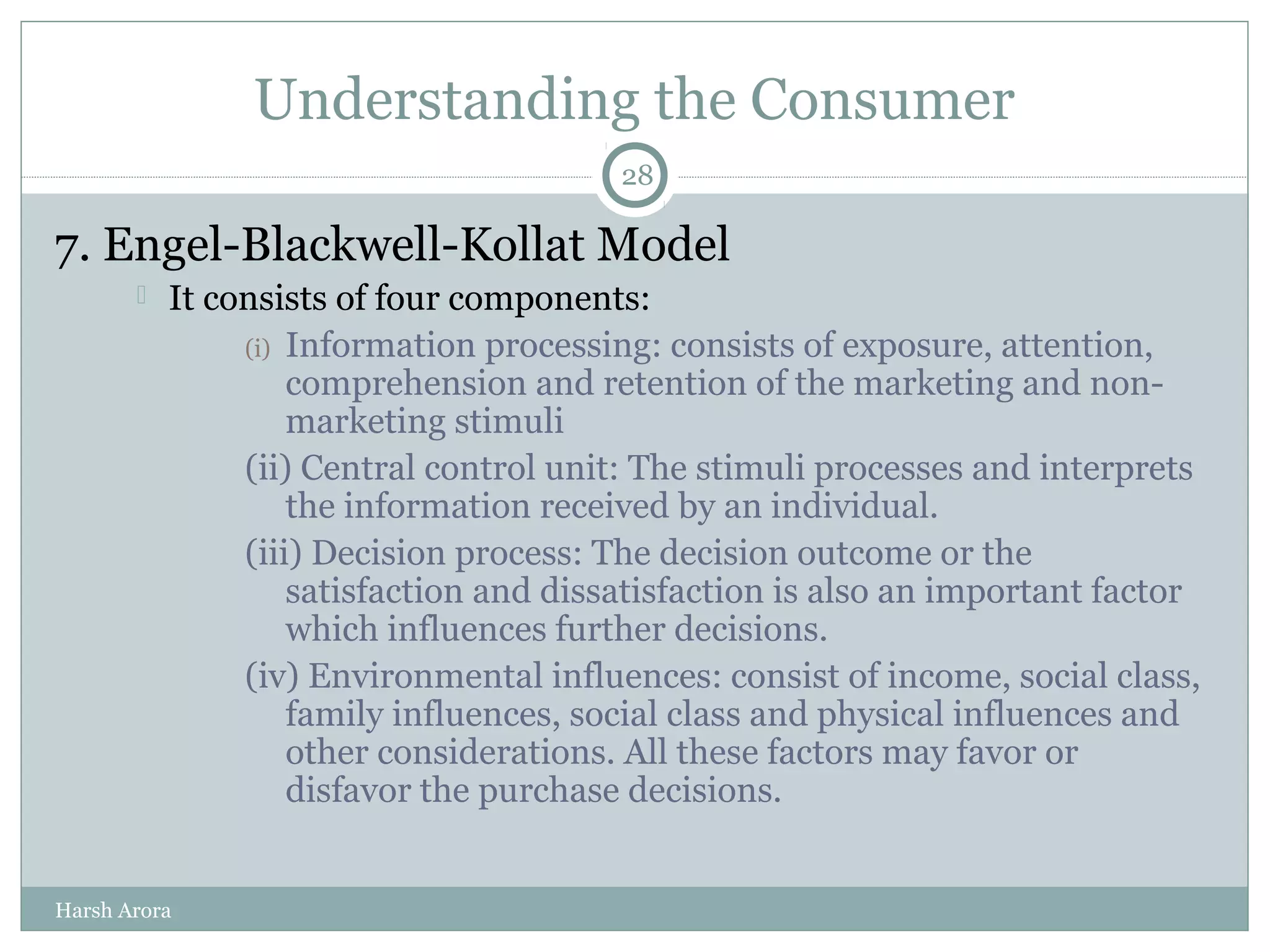 Understanding the Consumer
7. Engel-Blackwell-Kollat Model
 It consists of four components:
(i) Information processing: consists of exposure, attention,
comprehension and retention of the marketing and non-
marketing stimuli
(ii) Central control unit: The stimuli processes and interprets
the information received by an individual.
(iii) Decision process: The decision outcome or the
satisfaction and dissatisfaction is also an important factor
which influences further decisions.
(iv) Environmental influences: consist of income, social class,
family influences, social class and physical influences and
other considerations. All these factors may favor or
disfavor the purchase decisions.
28
Harsh Arora
 