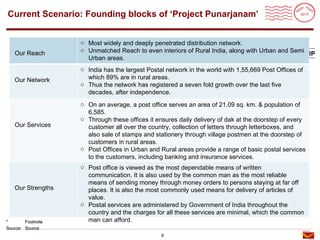 Roadmap
Current Scenario: Founding blocks of ‘Project Punarjanam’


                   o Most widely and deeply penetrated distribution network.
                   o Unmatched Reach to even interiors of Rural India, along with Urban and Semi
   Our Reach                                                                        MASTER STAMP
                     Urban areas.
                   o India has the largest Postal network in the world with 1,55,669 Post Offices of
   Our Network       which 89% are in rural areas.
                   o Thus the network has registered a seven fold growth over the last five
                     decades, after independence.
                   o On an average, a post office serves an area of 21.09 sq. km. & population of
                     6,585.
                   o Through these offices it ensures daily delivery of dak at the doorstep of every
   Our Services      customer all over the country, collection of letters through letterboxes, and
                     also sale of stamps and stationery through village postmen at the doorstep of
                     customers in rural areas.
                   o Post Offices in Urban and Rural areas provide a range of basic postal services
                     to the customers, including banking and insurance services.
                   o Post office is viewed as the most dependable means of written
                     communication. It is also used by the common man as the most reliable
                     means of sending money through money orders to persons staying at far off
   Our Strengths     places. It is also the most commonly used means for delivery of articles of
                     value.
                   o Postal services are administered by Government of India throughout the
                     country and the charges for all these services are minimal, which the common
*       Footnote     man can afford.
Source: Source
                                                6
 