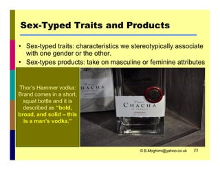 Sex-Typed Traits and Products 
• Sex-typed traits: characteristics we stereotypically associate 
with one gender or the other. 
• Sex-types products: take on masculine or feminine attributes 
© B.Moghimi@yahoo.co.uk 23 
Thor’s Hammer vodka: 
Brand comes in a short, 
squat bottle and it is 
described as “bold, 
broad, and solid – this 
is a man’s vodka.” 
 