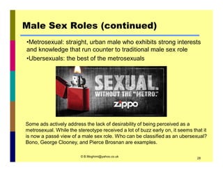 Male Sex Roles (continued) 
•Metrosexual: straight, urban male who exhibits strong interests 
and knowledge that run counter to traditional male sex role 
•Ubersexuals: the best of the metrosexuals 
Some ads actively address the lack of desirability of being perceived as a 
metrosexual. While the stereotype received a lot of buzz early on, it seems that it 
is now a passé view of a male sex role. Who can be classified as an ubersexual? 
Bono, George Clooney, and Pierce Brosnan are examples. 
© B.Moghimi@yahoo.co.uk 28 
 