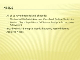 NEEDS

   All of us have different kind of needs:
       Physiological / Biological Needs: Air, Water, Food, Clothing, Shelter, Sex
       Acquired / Psychological Needs: Self-Esteem, Prestige, Affection, Power,
        Achievement
   Broadly similar Biological Needs: however, vastly different
    Acquired Needs
 